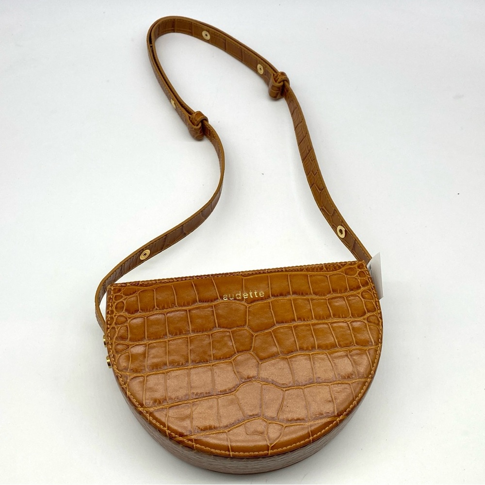 AUDETTE Nuit Tan Croc-Embossed Crossbody Half Moon Sturdy Leather Shoulder Bag